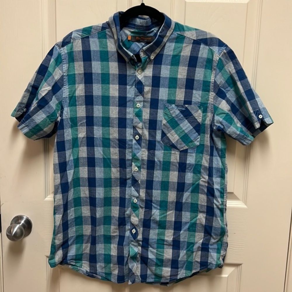 Ben Sherman Blue / Green Plaid Button Down Short Sleeve Shirt